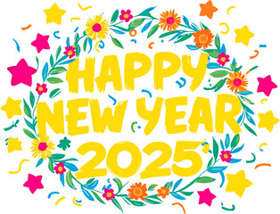 Naklejka premium Happy New Year 2025 Celebration with Colorful Floral Wreath