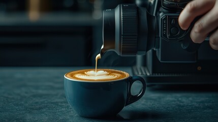 A close-up of a coffee cup being photographed, showcasing the art of coffee making with a perfect latte art design.