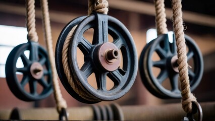 Industrial Pulley System with Rope: A close-up of a large rusted metal pulley with thick ropes in an industrial warehouse, emphasizing the strength and durability of mechanical lifting systems