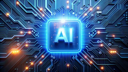 Glowing AI chip and thin circuits on tech background futuristic semiconductor tech onboard