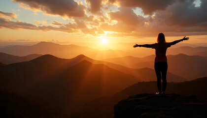 Silhouette of a woman with arms outstretched at sunrise on a mountain peak
