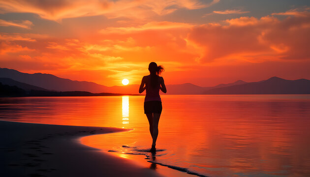 Silhouette of a woman jogging along the shore at sunrise