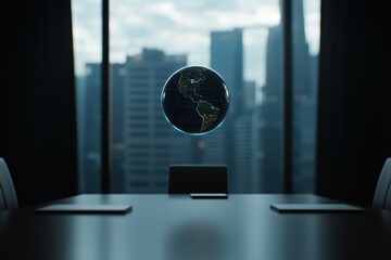 A floating globe over a modern conference table, symbolizing global business insights and connectivity.