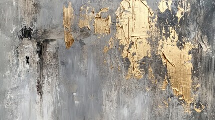 Abstract artwork featuring gold accents on a textured gray background.