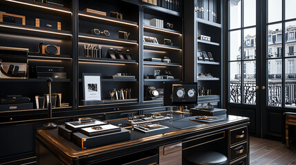 Elegant office workspace with modern decor and organized shelves.