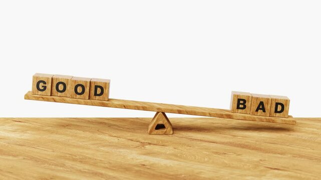 3D good vs bad on balance scales. Different choices, accept or decline, comparison or suggestion concept. 4K 3D loop animation