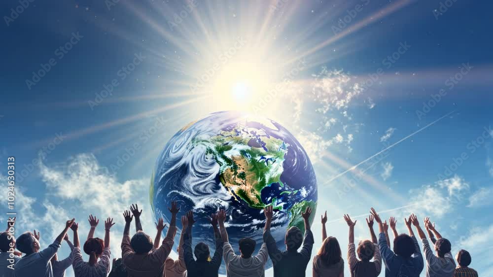 Poster A group of people are holding hands and praying in front of a large globe. Concept of unity and hope for a better future