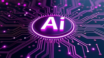 Fototapeta premium AI Chip with Glowing LEDs on 3D Electronic Circuit Board