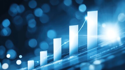 A digital representation of growth with ascending bars and a line graph in a blue tone.