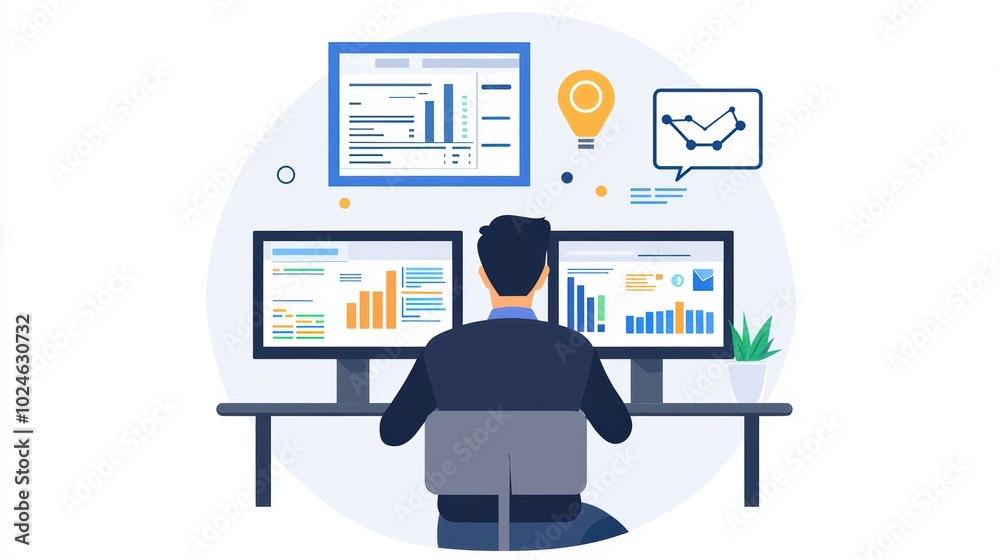 Poster a person analyzing data on multiple computer screens with graphs and charts, illustrating modern dat
