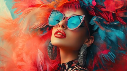A glamorous woman adorned with vibrant feathers and stylish sunglasses, exuding confidence.