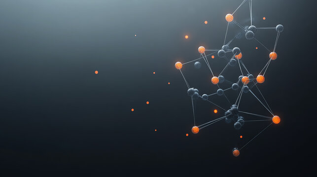 Abstract representation of molecular structures with orange and gray spheres connected by lines, showcasing a modern scientific theme against a dark background.