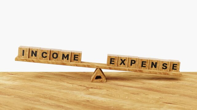 3D income vs expenses on balance scales. Living paycheck to paycheck. Financial problems, monthly expenses, inflation, debt or loan concept. 4K 3D animation