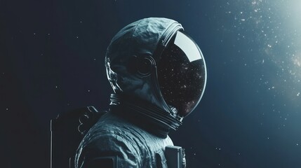 Close-up of an astronaut's helmet against a dark, starry background.