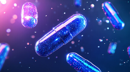 A vibrant, colorful representation of floating capsules with a sparkling effect against a dark background, symbolizing health, medicine, and pharmaceutical innovation.