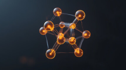 An intricate model of molecular structure, showcasing interconnected particles with glowing orange spheres against a dark background, symbolizing the fundamentals of chemistry.