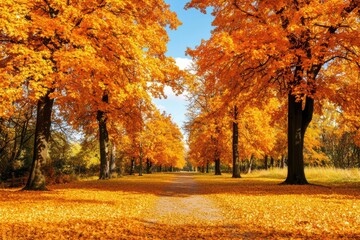 Naklejka premium A scenic pathway framed by vibrant orange autumn trees under a clear blue sky.