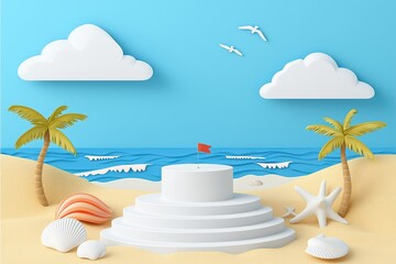 A serene beach scene featuring palm trees, a sandcastle, and ocean waves under a bright blue sky.