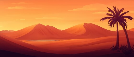 A serene desert landscape featuring warm orange tones, mountains, and palm trees under a tranquil evening sky.