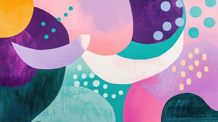 Abstract art with vibrant colors, a mix of organic and geometric shapes, with a watercolor effect.