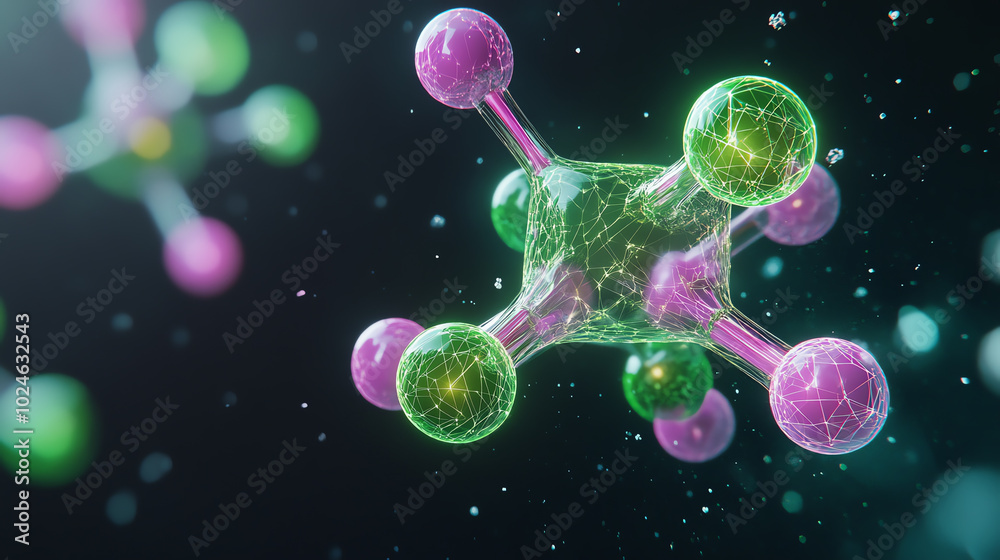 Wall mural a vibrant and colorful molecular structure on a dark background, showcasing intricate connections an