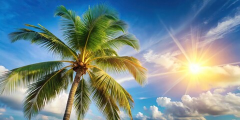 A single palm tree reaching towards a radiant sun, its fronds spread wide against a backdrop of fluffy white clouds and a vibrant blue sky