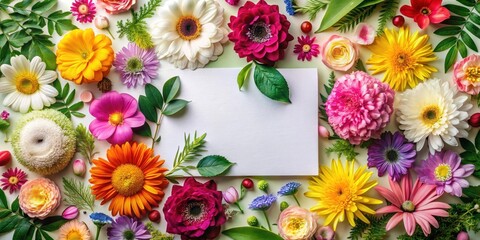 A vibrant floral arrangement of various colors, including yellow, pink, red, and white, surrounds a blank white card, creating a beautiful and inspiring backdrop for a special message.