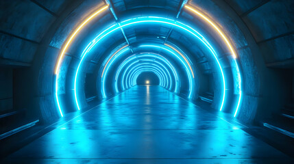 Blue and Yellow Neon Lights in a Futuristic Tunnel 3D Illustration