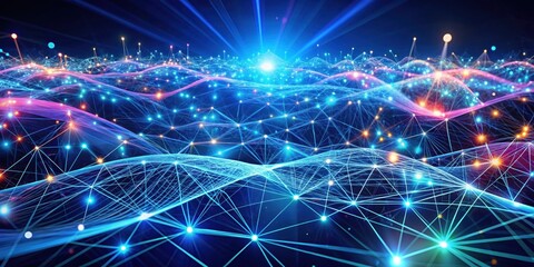 Obraz premium A digital landscape of interconnected nodes with vibrant colors and a radiant glow in the center, representing the power of network connectivity and data exchange.