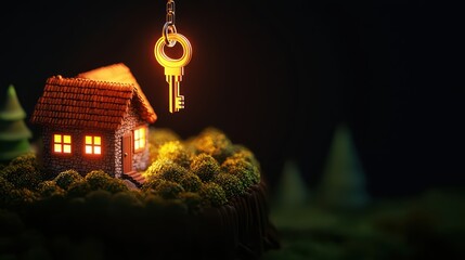 A whimsical illustration of a house with a glowing key, symbolizing home and security in a vibrant, imaginative setting.