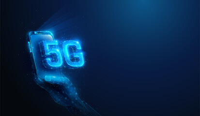 Abstract illustration of 5g wireless mobile network smartphone in hand in low poly style. Blue geometric background depicting 5g communication hardware concept by wireframe connection structure