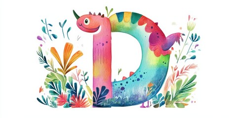 Obraz premium Watercolor letter D monster surrounded by flowers.