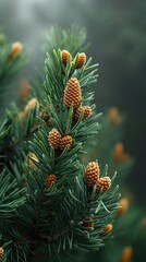 Fototapeta premium Wall with pine leaves, foggy background, minimalist style, copy space concept. 