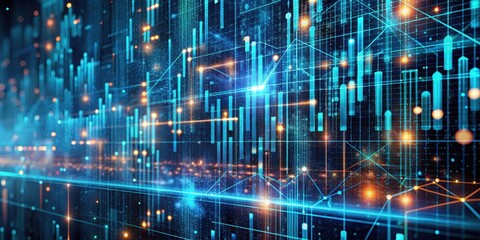 Obraz premium A digital landscape composed of abstract shapes, geometric lines, and glowing dots, symbolizing the interconnectedness of data and information in the digital age