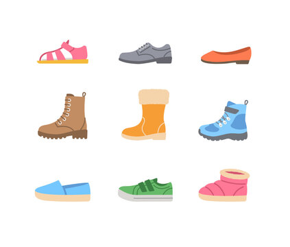 Kids shoes collection. Basic types of footwear for children. Sneakers, sandals, winter boots, ballet flats, espadrilles. Simple color flat icons for kids clothing shop. Side view pictograms, isolated