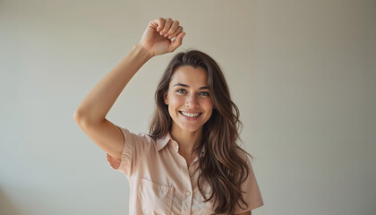 Fototapeta premium Cheerful young woman raising her fist in celebration with a joyful smile against a light background