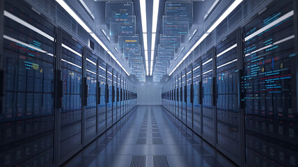 Fototapeta premium high-tech data warehouse, featuring rows of modern servers with blinking lights in a vast, secure facility, data center, big data