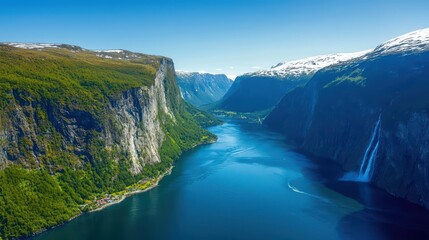 Fototapeta premium Breathtaking fjord landscape with steep cliffs and clear blue waters under a clear sky.