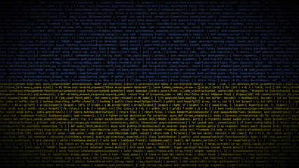 Binary code on flag of Ukraine. Program source code or Hacker concept on Ukrainian flag. Ukraine digital technology security, hacking or programming