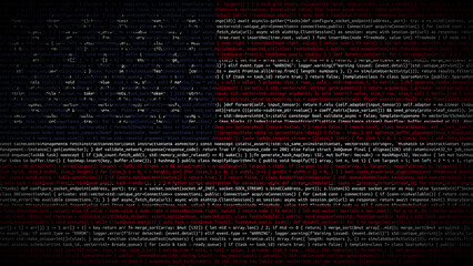 Binary code on flag of United States. Program source code or Hacker concept on American or United...
