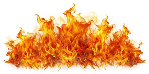 Blazing inferno of fire isolated on white background with vibrant orange and yellow flames, creating a dramatic and energetic visual.