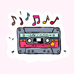 Hand drawn illustration of a vintage cassette tape with musical notes. Perfect for retro music lovers.