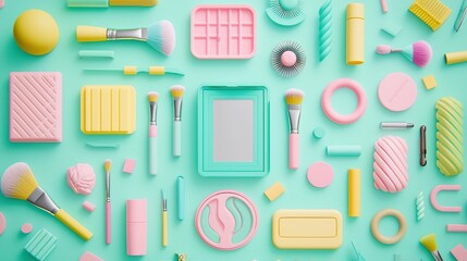 Colorful arrangement of beauty tools and accessories on a mint background.