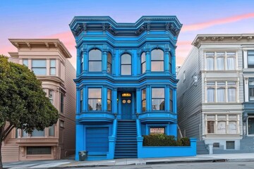 Obraz premium Colorful blue Victorian house with elegant architecture, set against a beautiful sunset sky.