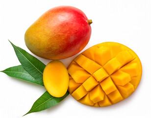 mangoes with slices and green leaves, either whole or halved, isolated on a white background