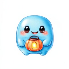 Cute blue character holding a lantern, cheerful expression, on a white isolated background.