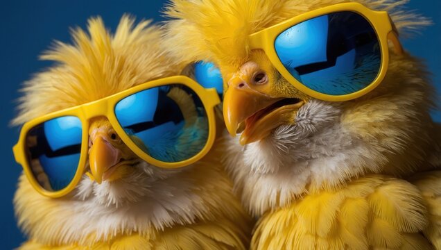 Two parakeets wearing oversized yellow sunglasses, posed facing camera