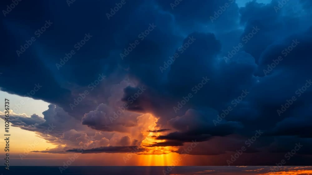 Poster a beautiful sunset with a large cloud in the sky. the sky is filled with clouds and the sun is setti