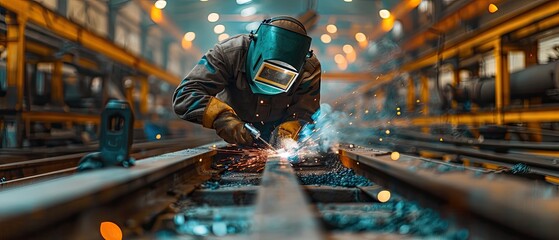 Welding sparks and an industrial background with a worker in protective gear working on a metal plate at a factory. Real photo.