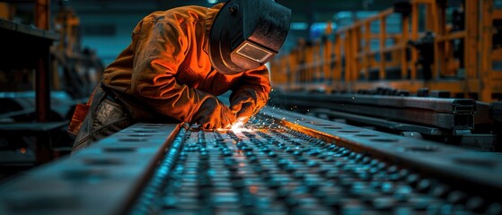 Welding sparks and an industrial background with a worker in protective gear working on a metal plate at a factory. Real photo.